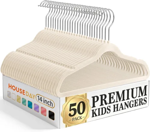 Miniatura 12 de HOUSE DAY Perchas de terciopelo para bebés de 11 pulgadas, paquete de 50 perchas color beige de primera calidad para niños, ropa de bebés y niños