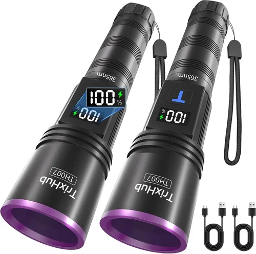 Miniatura 10 de TrixHub Linterna de luz negra de 365 nm, linterna UV recargable con pantalla LCD, potentes luces ultravioleta para detección de orina de mascotas