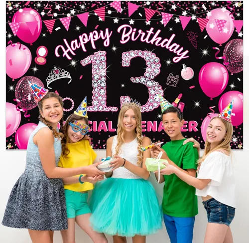 Miniatura 3 de Telón de fondo para fotografía de cumpleaños de 13 niñas, color rosa intenso, con purpurina y diamantes de color rosa intenso, para fotos de fiesta