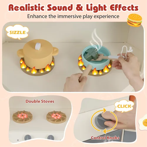 Miniatura 4 de Costzon Cocina de Juego de Esquina, Cocina Grande de Juego de Simulación con Luz y Sonido Reales, Cubo de Basura Extraíble, Estufas, Microondas