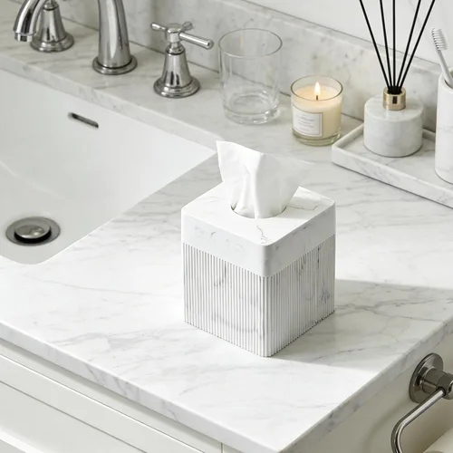 Miniatura 3 de Caja de pañuelos blanca cuadrada de resina para decoración del hogar, soporte de caja de pañuelos de cubo de mármol acanalado vertido a mano – Caja