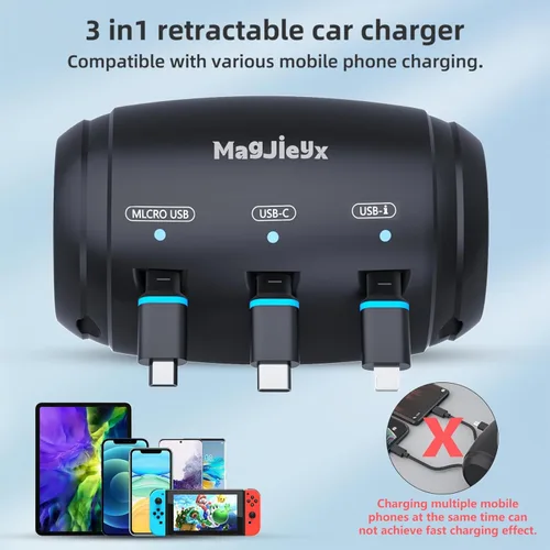 Miniatura 2 de MAGJIEYX Caja de Estación de Carga Retractable Multi para Coche, 3 en 1, Soporte de Carga Rápida para Reposacabezas, Cable de Carga USB Tipo C