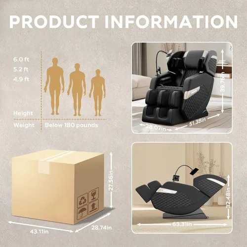 Miniatura 2 de Silla de masaje de cuerpo completo, silla de masaje de gravedad cero con modos automáticos, masaje con bolsa de aire, masaje de pies, calefacción