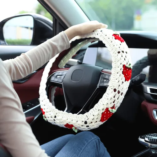 Miniatura 3 de Juego de fundas de ganchillo para volante, bonita funda bohemia para volante de automóvil de 14 a 15 pulgadas, patrón cuadrado de fresa blanca