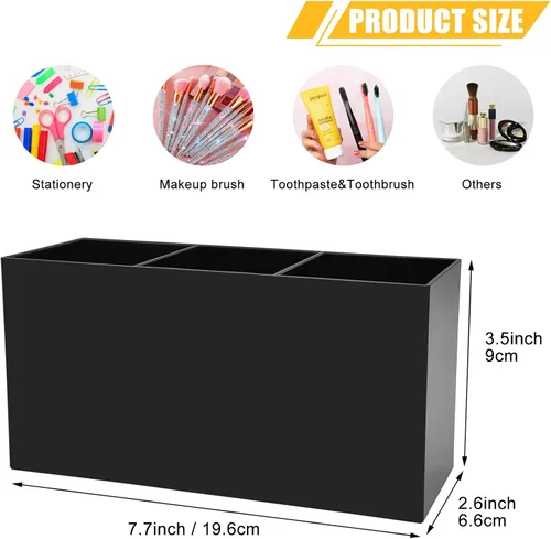 Miniatura 5 de Cerpourt Organizador de brochas de maquillaje negro, soporte de almacenamiento de brochas cosméticas de acrílico con 3 ranuras, soporte para lápices