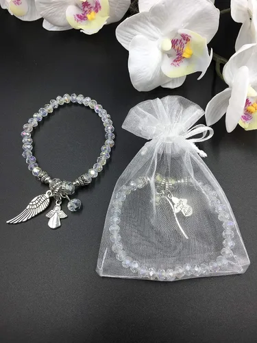 Pulsera de plata con cruz de ala de ángel, 12 unidades, con bolsas de organza para niño y niña, recuerdo de bautizo, recuerdo de bautizo, 12 unidades
