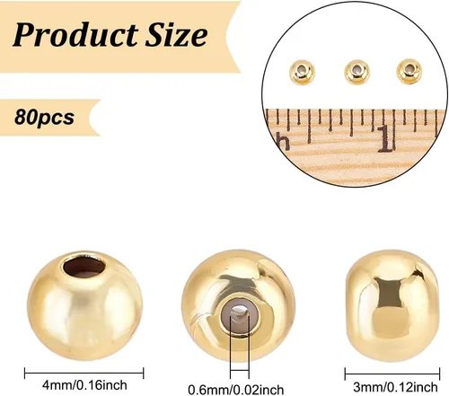 Miniatura 2 de BENECREAT 80 cuentas redondas de latón chapado en oro de 18 quilates, cuentas de tapón dorado de 0.16 x 0.118 pulgadas, cuentas deslizantes con goma