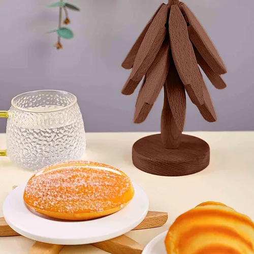 Miniatura 2 de Juego de Posavasos de Copa de Madera, Juego de Salvamanteles en Forma de Árbol, Posavasos de Árbol - 4 Salvamanteles de Madera + 1 Soporte
