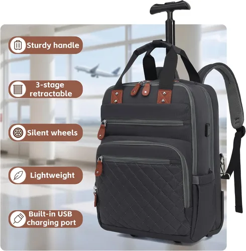 Miniatura 3 de Mochila con ruedas, mochila de viaje con ruedas, aprobada por vuelo, antirrobo, para laptop de 15.7 pulgadas, con puerto USB para hombres y mujeres