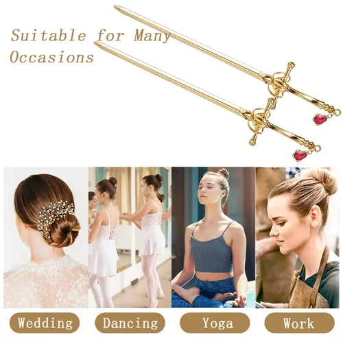 Miniatura 6 de Paquete de 2 accesorios para el cabello con borla de espada china para mujer, moños con gemas para el cabello (dorado)