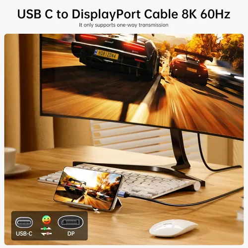 Miniatura 2 de Cable USB C a DisplayPort 1.4 8K @60Hz 4K @240Hz, Thunderbolt 4/3 unidireccional a DisplayPort, cable USB C a DP de 32.4 Gbps para iPhone 15/16
