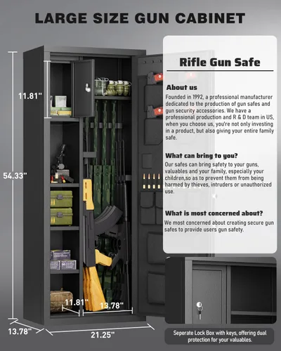 Miniatura 5 de Caja fuerte grande para armas de 15-18, caja fuerte biométrica de 54 pulgadas para rifles y pistolas con gabinete interior y estante extraíble