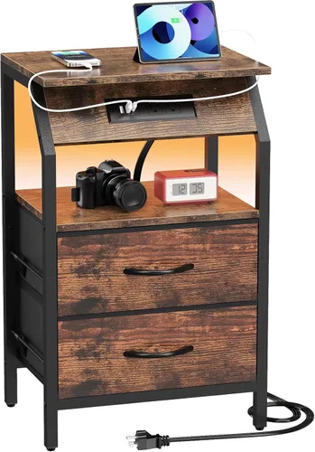 Miniatura 11 de SZLHANJZ Mesa auxiliar con luz, mesita de noche LED con 2 cajones y estación de carga tipo C, mesita de noche de tela pequeña para mesita de noche