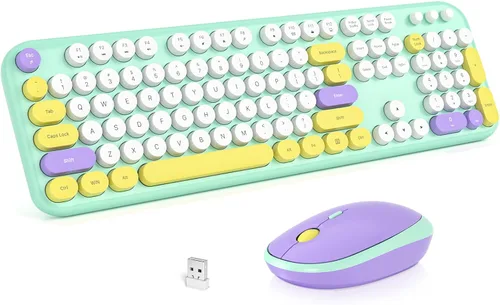 Miniatura 135 de KNOWSQT Combo de teclado y ratón inalámbrico, teclados lindos de tamaño completo estilo máquina de escribir 2.4G azul colorido - receptor USB Plug
