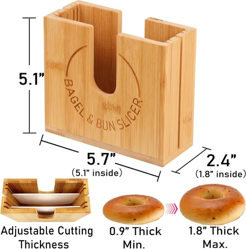 Miniatura 2 de Soporte de corte de bagel ajustable Soporte de corte de bagel de bambú con ranuras ajustables de ancho para bagels pequeños y grandes, bollos