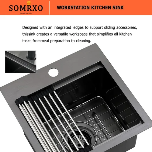 Miniatura 6 de Fregadero de barra negra de 15 x 15 pulgadas, fregadero de cocina pequeño de acero inoxidable negro calibre 16, fregadero de estación de trabajo