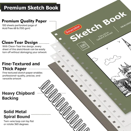 Miniatura 2 de Soucolor Paquete de 2 cuadernos de bocetos de 5.5" x 8.5" pulgadas, 200 hojas cuaderno diario en blanco, A5, bloc de bocetos con encuadernación