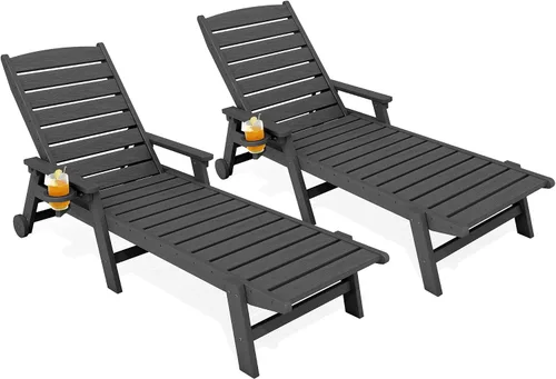 Miniatura 24 de KINGYES Sillón de polietileno de alta densidad para exteriores, tumbona reclinable para patio con portavasos para todo tipo de clima, tumbona