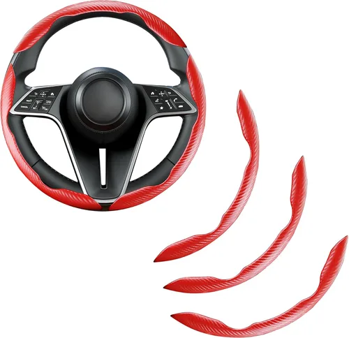 Miniatura 15 de Funda de volante de fibra de carbono, juego de 2 piezas con diseño de mariposa segmentado de agarre antideslizante y cómodo, fácil instalación