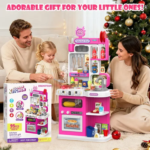 Miniatura 10 de Juego de cocina para niños, cocina de juego de 36.22 pulgadas para niños pequeños de 1 a 3 años con vapor, sonido y luz, estufa de cocina