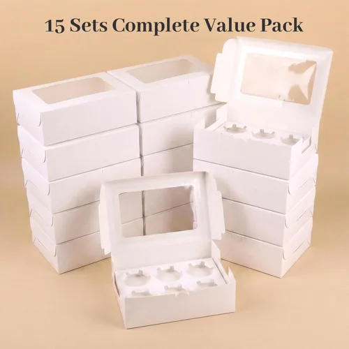 Miniatura 7 de VGOODALL 6 cajas blancas para cupcakes, paquete de 15 recipientes para cupcakes, 9.5 x 6.3 x 3 pulgadas, con capacidad para 90 cajas de pastelería
