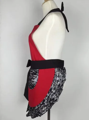 Miniatura 4 de Hyzrz Bonito delantal de encaje coqueto con bolsillo, divertido delantal retro sexy de cocina para mujeres y niñas (negro)