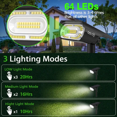 Miniatura 2 de Focos solares para exteriores de 1000 lúmenes, 64 LED IP67, iluminación de paisaje impermeable con 4 modos, foco solar 2 en 1 y luz de camino