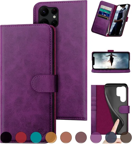 Miniatura 10 de DuckSky Funda tipo cartera de cuero genuino para Samsung Galaxy S23 Ultra con bloqueo RFID, 4 tarjeteros de crédito. 【Cuero auténtico】 Funda Marrón