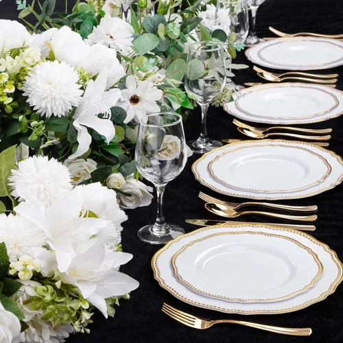 Miniatura 6 de Hioasis 60 piezas de platos de plástico dorados - Vajilla desechable blanca y dorada con borde dorado, resistente, 26 cm, platos para fiesta y boda