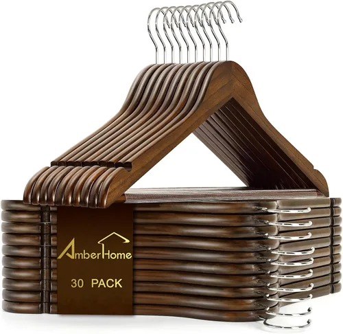 Miniatura 11 de Amber Home Paquete de 30 perchas de madera maciza para trajes, perchas de madera con acabado blanco liso con barra antideslizante para pantalones