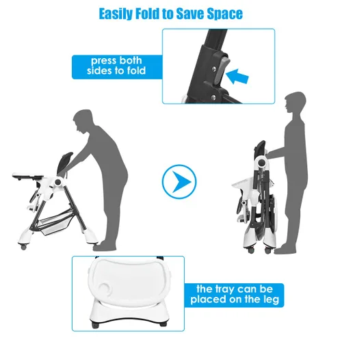Miniatura 4 de INFANS Silla alta con bandeja extraíble con una sola mano, 4 ruedas bloqueables y cesta de almacenamiento grande, altura multiajustable, reclinable