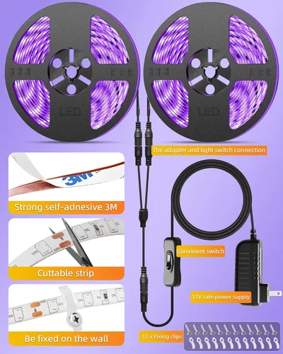 Miniatura 4 de Kit de tira de luz LED negra impermeable IP65 de 40 pies/39.4 ft, 720 LED, accesorios de luz negra flexible de 12 V, 385-400 nm, tiras LED de luz
