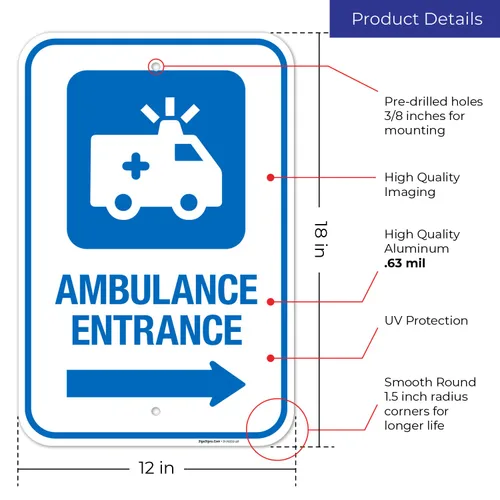 Miniatura 3 de Letrero de hospital de entrada de ambulancia con flecha derecha, 12 x 18 pulgadas, aluminio 063 libre de óxido, resistente a la decoloración
