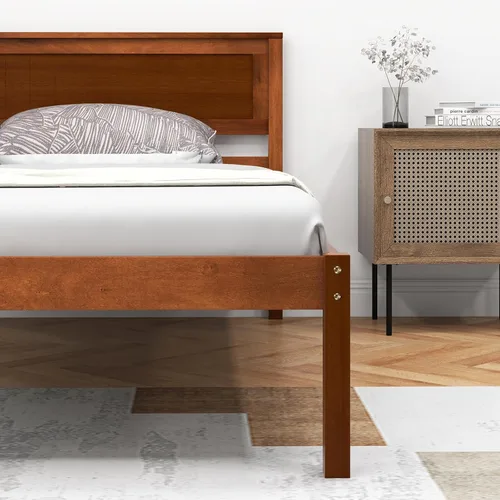 Miniatura 8 de Giantex Base de cama individual con cabecero, cama de plataforma de madera maciza con soporte de listones de madera, cama individual
