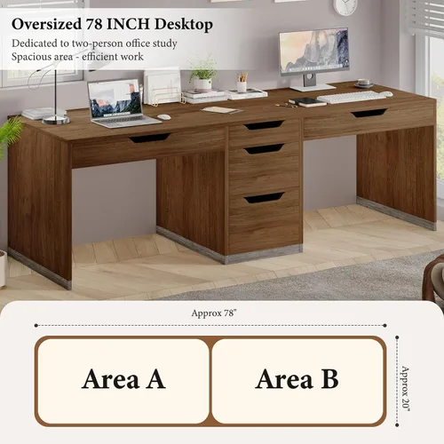 Miniatura 4 de MaverickFurni Escritorio para dos personas con 5 cajones, escritorio doble con almacenamiento para 2 personas, estación de trabajo extra larga de 78