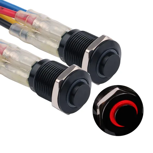 Miniatura 16 de 2 interruptores de botón de metal con pestillo de 0.472 pulgadas, cabeza elevada de 12 V-24 V, 4 pines de encendido y apagado, 1 no, carcasa negra