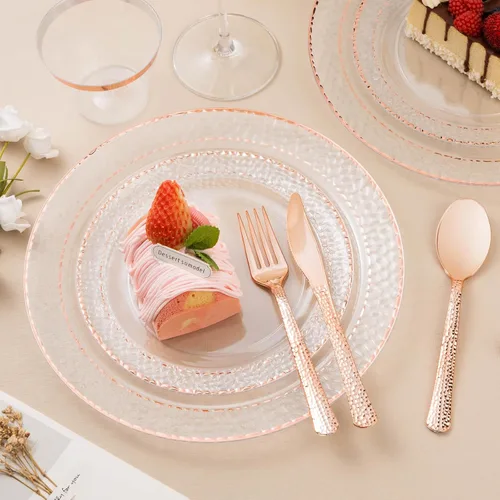 Miniatura 5 de Bestluck - 350 platos de plástico transparente con borde dorado rosa para 50 invitados, juego de vajilla desechable para fiestas y bodas, incluye