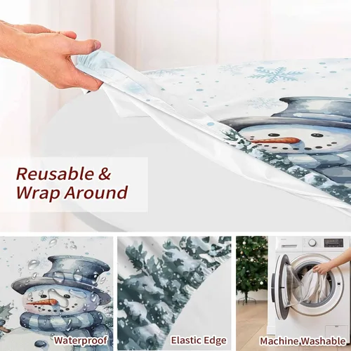 Miniatura 9 de Mantel redondo de Navidad de 36 a 44 pulgadas, mantel impermeable con borde elástico para fiestas de vacaciones en interiores y exteriores, árbol
