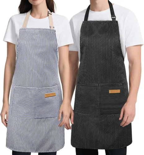 Miniatura 11 de Paquete de 2 Delantales de Cocina, Delantales Suaves para Mujeres y Hombres con 2 Bolsillos, Delantal de Chef con Correa Ajustable para el Cuello