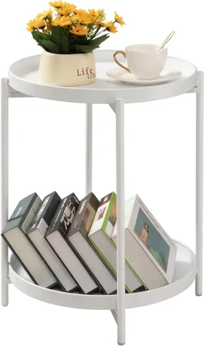 Miniatura 12 de TeoKJ Mesa auxiliar de 2 niveles verde, mesa auxiliar plegable redonda de metal, pequeña mesita de noche con dos bandejas extraíbles