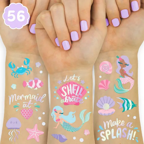 xo, Fetti Tatuajes temporales de sirena bajo el mar, 56 estilos de aluminio iridiscentes, suministros para fiestas de cumpleaños para niños,