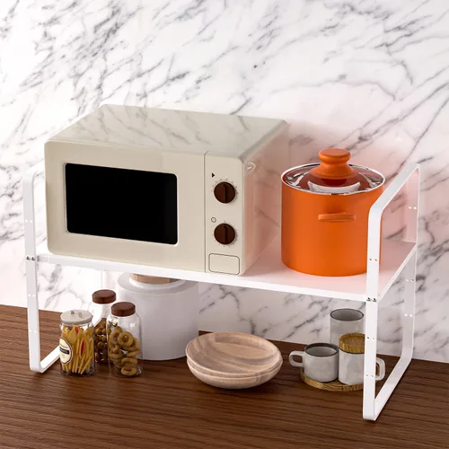 Miniatura 9 de Paquete de 2 organizadores de estantes de gabinete de cocina expandibles, estantes de almacenamiento de despensa de metal apilables, estante Blanco