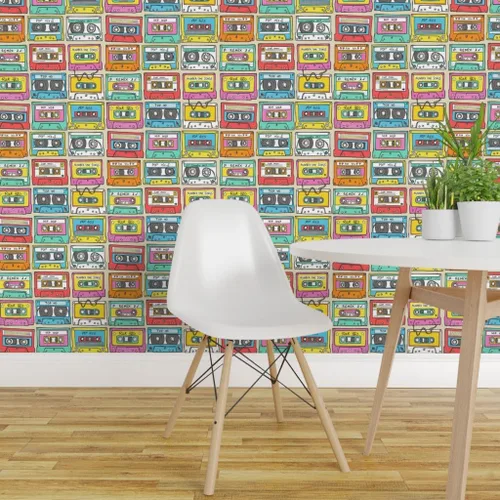 Miniatura 3 de Muestras de papel tapiz extraíbles, cinta de mezcla de música más pequeña, retro vintage de los años 90, papel pintado prepegado personalizado por