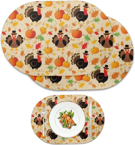 Miniatura 21 de Non Slip Placemats Set of 6 Pumpkin Mushroom Theme Waterproof Wipeable Faux Leather for Thanksgiving Family Feast Heat Resistant Dining Table Mats