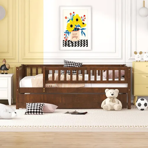 Miniatura 3 de Harper & Bright Designs Sofá cama individual con nido, marco de cama infantil de madera tamaño individual con valla, cama nido individual
