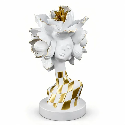 Miniatura 12 de Lescafita Escultura de mujer africana con tocado de flor dorada, figura de resina negra y dorada para decoración del hogar, elegante estatua de dama