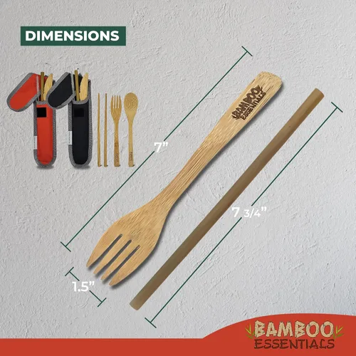 Miniatura 5 de Utensilios de viaje con estuche, tenedor, cuchillo, cuchara, palillos, pajilla, cepillo de limpieza para pajilla, bolsa de viaje y mosquetón, Negro