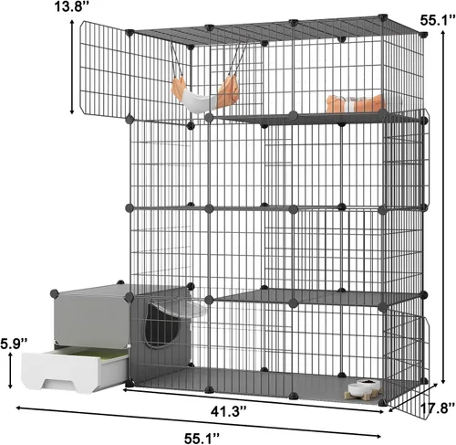 Miniatura 6 de Oneluck Jaula para gatos con caja de arena, recintos de bricolaje de 4 niveles, corralito de juego grande, jaula de alambre de metal desmontable