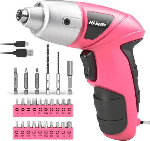 Hi-Spec Destornillador eléctrico 27pc 3.6V rosa USB pequeño juego de destornilladores eléctricos. Inalámbrico y recargable con juego de puntas de