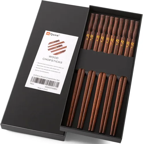 Miniatura 8 de MFJUNS Juego de 5 pares de palillos de madera, palillos reutilizables grabados con panda, palillos de palisandro/wengué/haya/madera de hierro, sin